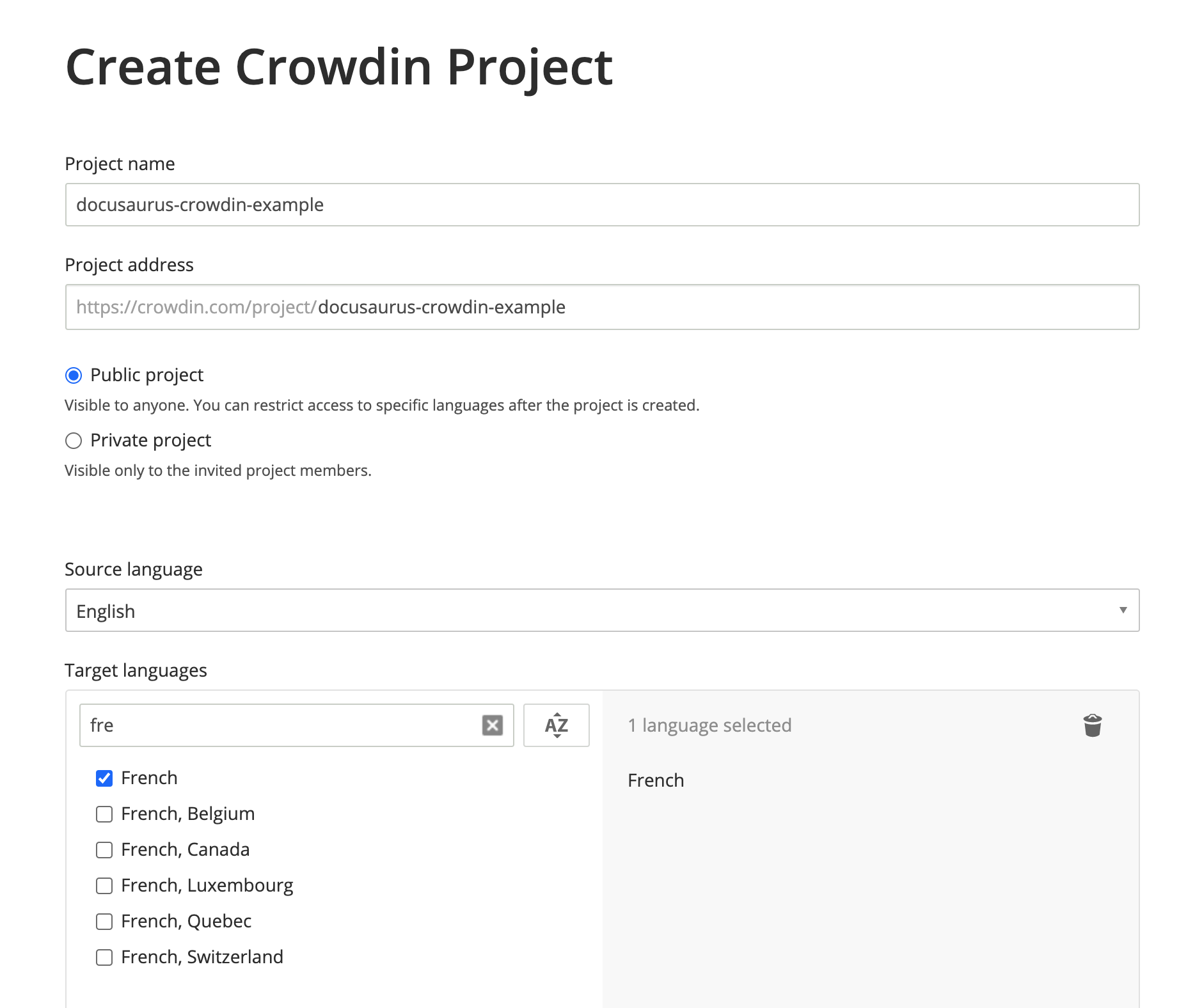 Créer un projet Crowdin avec l&#39;anglais comme langue source, et le français comme langue cible